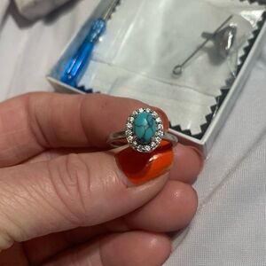 Silver Turquoise Oval Ring with Crystal Accents